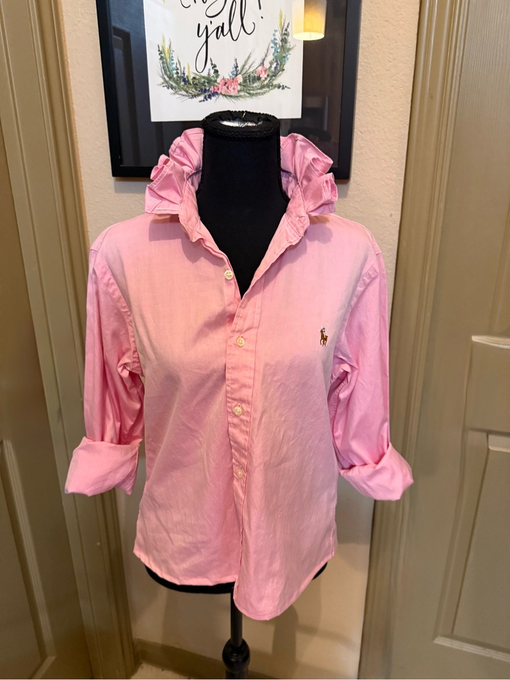 Ralph Lauren Pink Ruffled Collar Button-Down Shirt